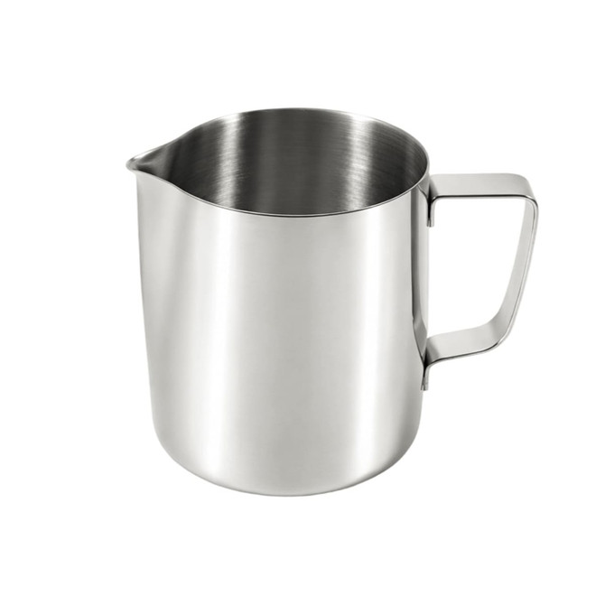 A stainless steel milk frothing pitcher with a smooth finish and a sturdy handle. It has a sleek, modern design.