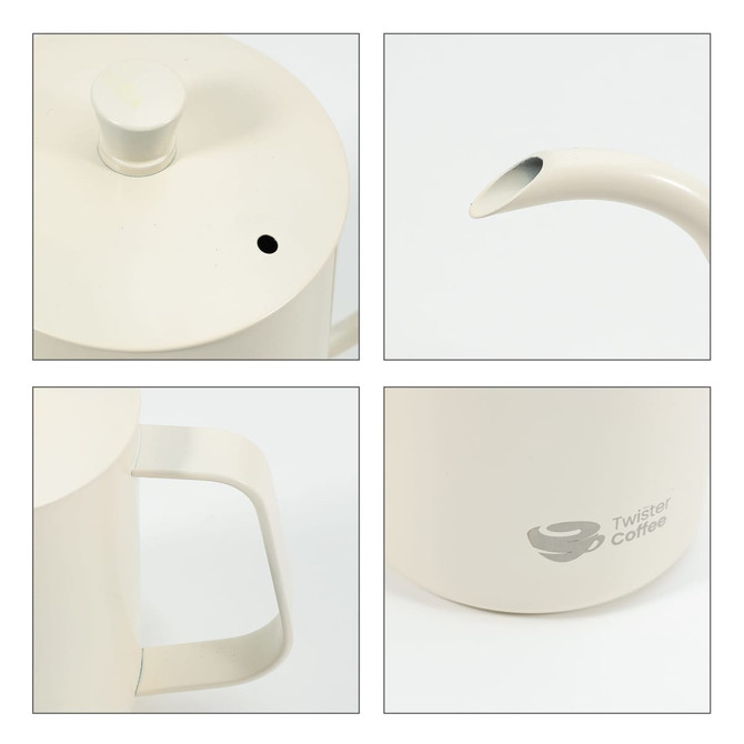 A stainless steel pour over kettle in cream colour, featuring a spout, handle, and a logo on the body.