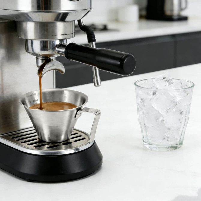 A stainless steel espresso measuring cup sits beneath an espresso machine, with a glass of ice beside it.