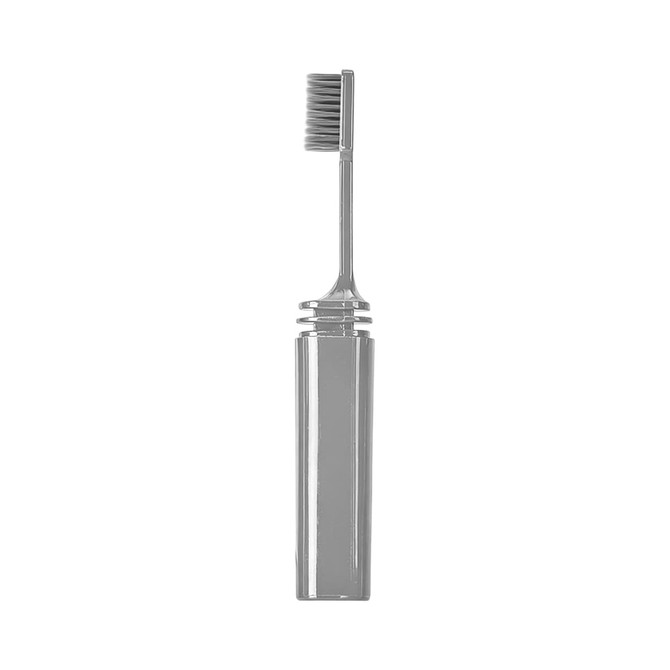 A foldable toothbrush in silver, featuring a sleek design and a built-in cover for convenience.