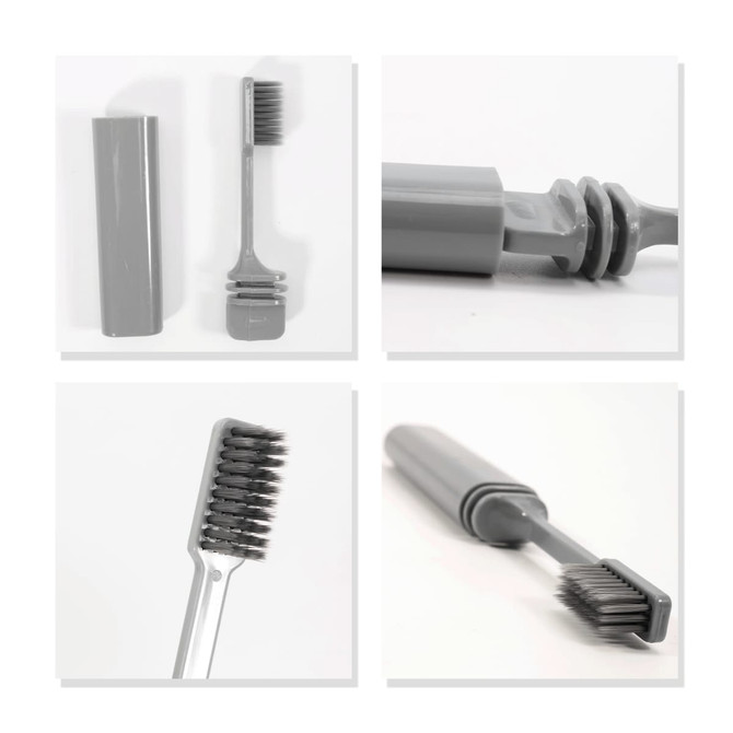 A foldable toothbrush in grey, showcasing its compact design and storage case. Features a brush head and handle.