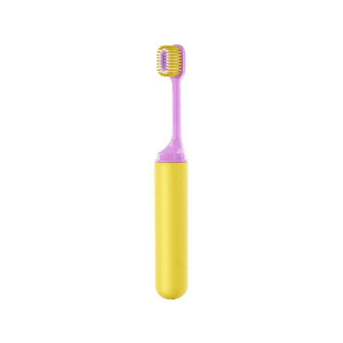 A foldable toothbrush with a soft bristle head, featuring a yellow handle and a purple brush head, with a logo present.