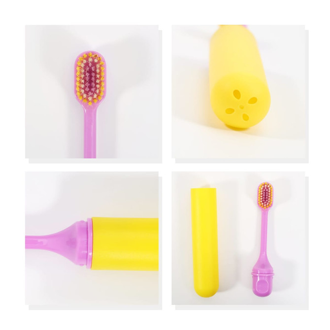 A foldable soft bristle toothbrush in pink and yellow, featuring a protective case and soft bristles.
