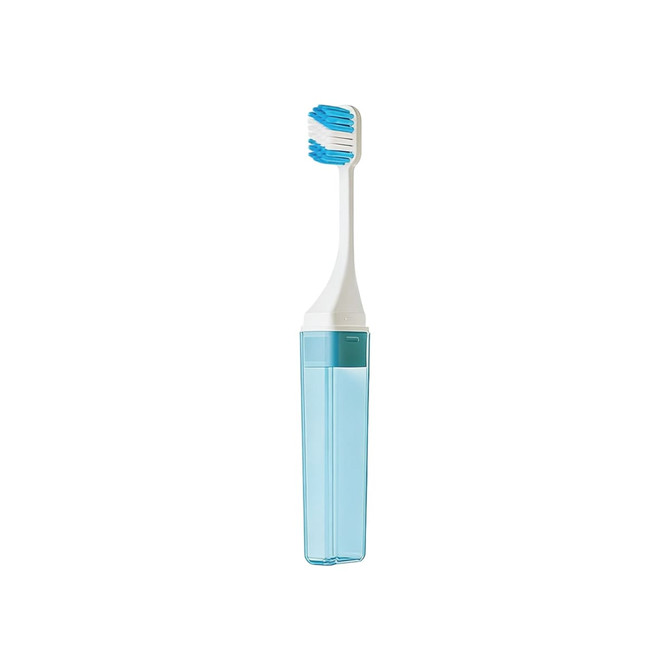 A foldable handle toothbrush in blue and white, stored in a transparent case. It features a logo on the case.