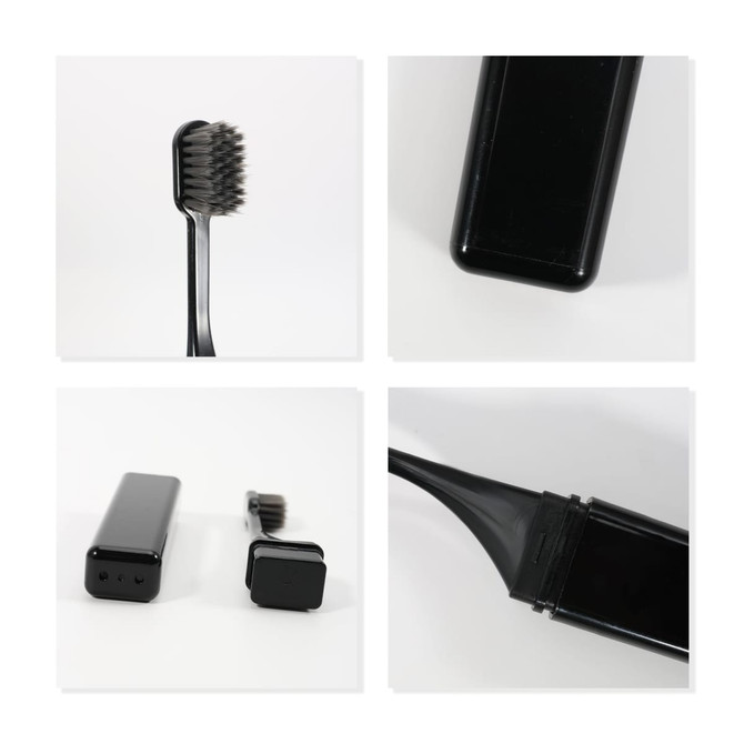 A foldable travel toothbrush in black, featuring a compact case and bristle head in multiple angles.