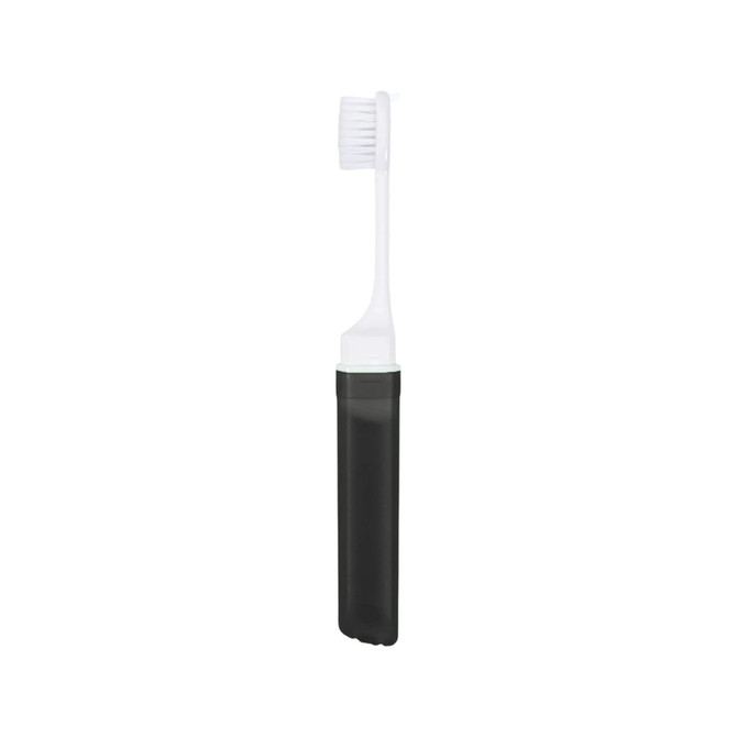 A transparent foldable handle toothbrush in white and black, featuring a logo on the handle.