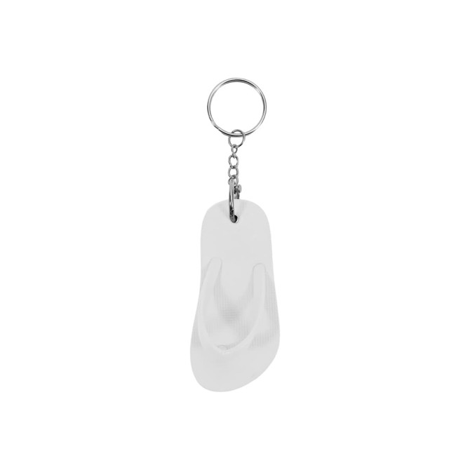 A white thongs-shaped keyring with a silver chain and keyring attachment.