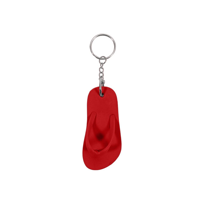 A red thongs-shaped keyring with a metal chain and ring for attaching to keys or bags.