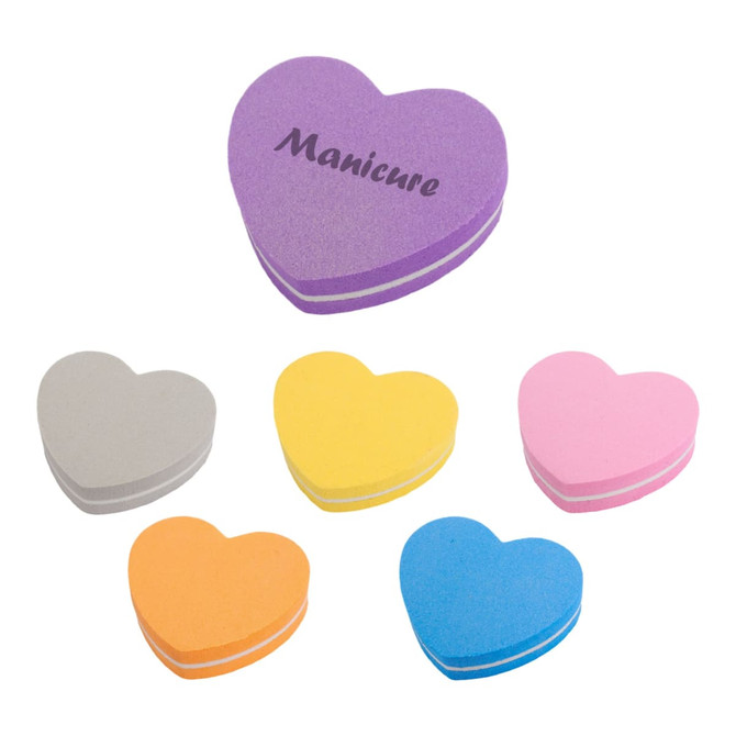 A pack of 50 heart-shaped nail files in purple, pink, blue, yellow, orange, and grey colours, featuring a logo.