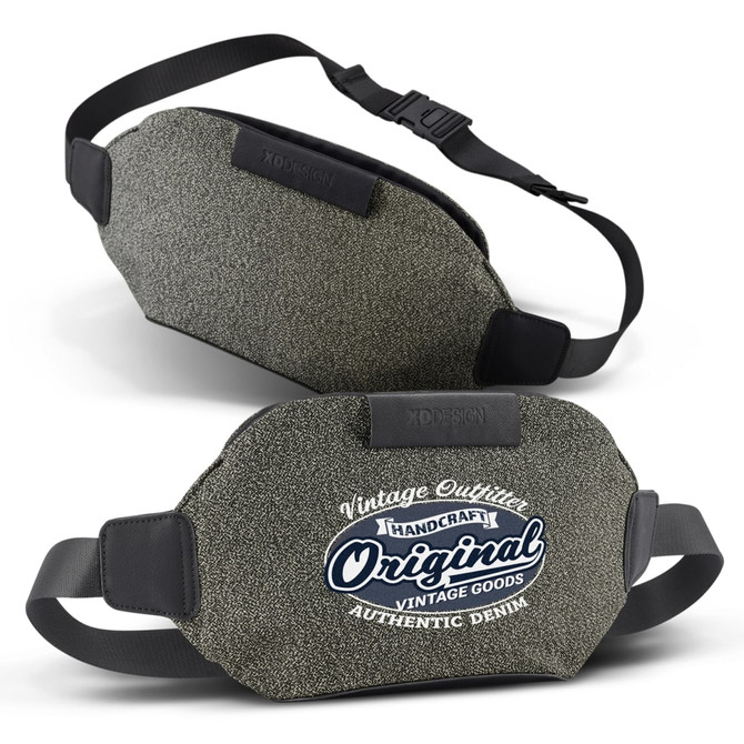 A grey denim-style belt bag featuring an adjustable strap and a logo on the front.