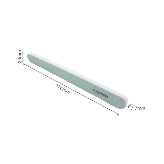 A double-sided polished nail file in green and white, measuring 178mm in length and 20mm in width.