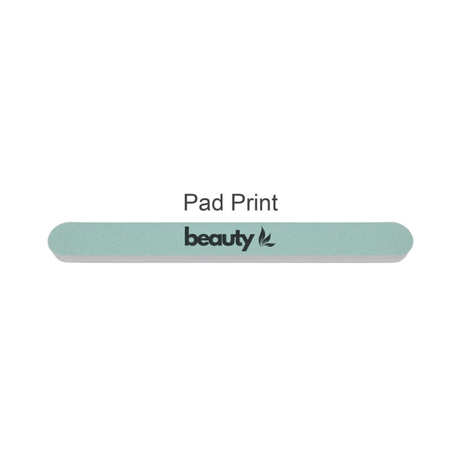 A double-sided polished nail file in a mint green colour with a logo printed on one side.