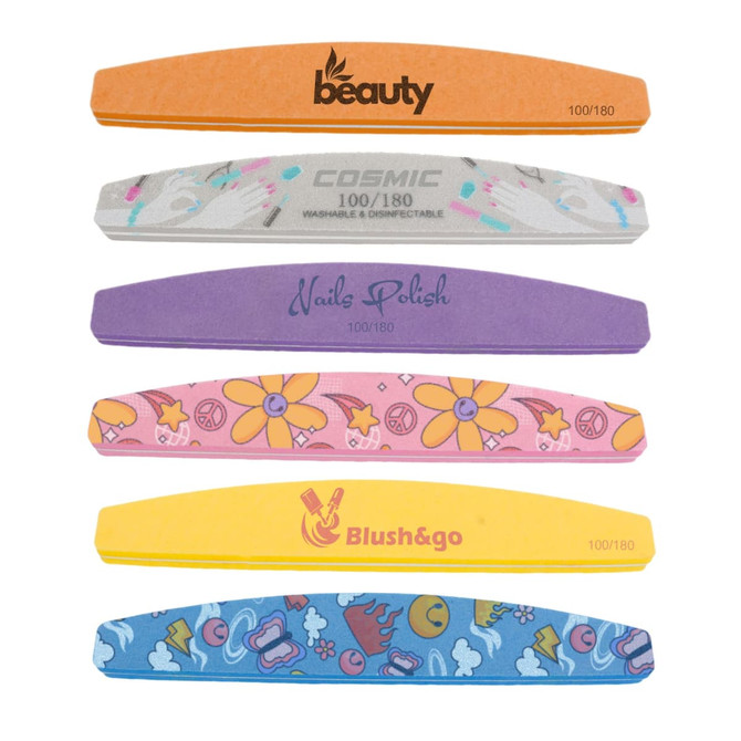 A collection of half moon-shaped nail files in various colours and patterns, featuring a logo on one file.