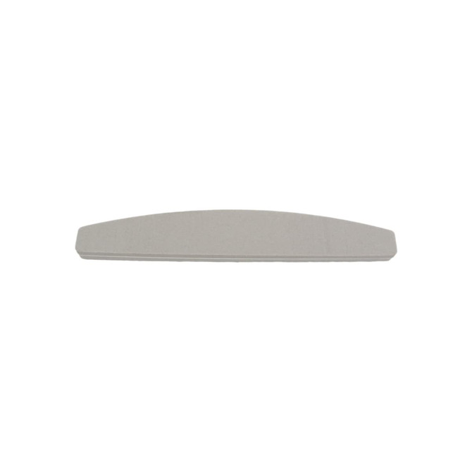 A sponge half moon shape nail file in grey with a smooth finish. It features a branding logo.