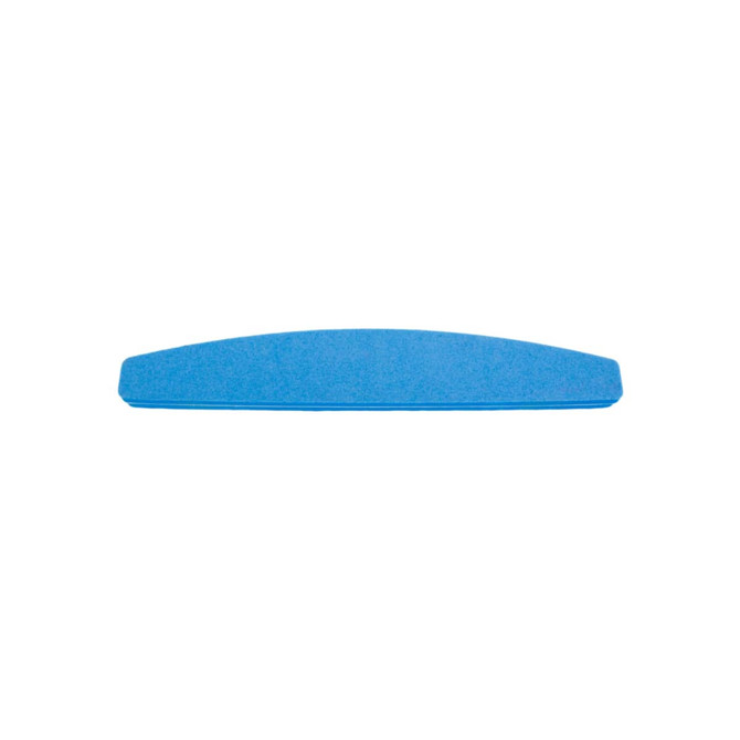 A blue half-moon shaped nail file with a smooth surface, featuring a branding logo.