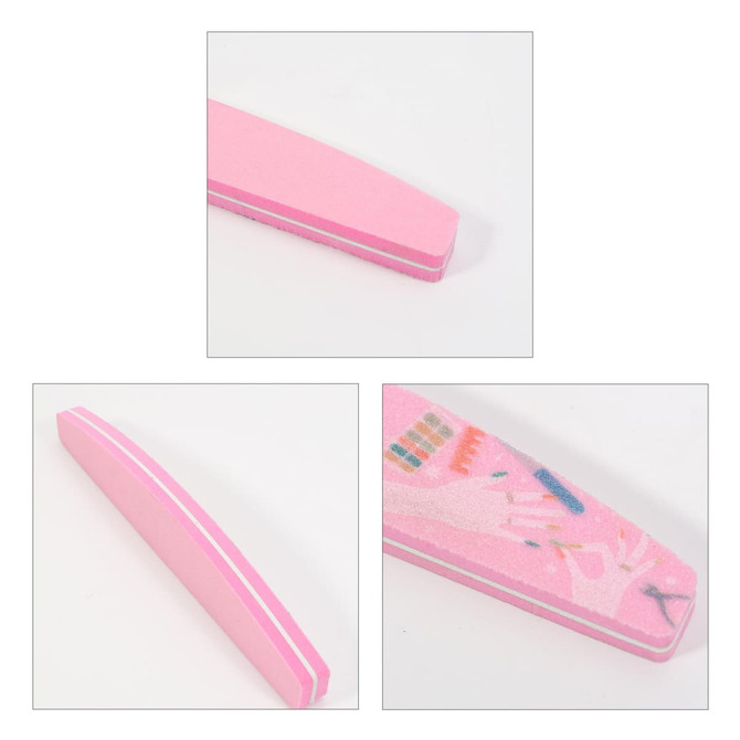 A pink sponge half moon shape nail file with a smooth surface and colourful design on one side.