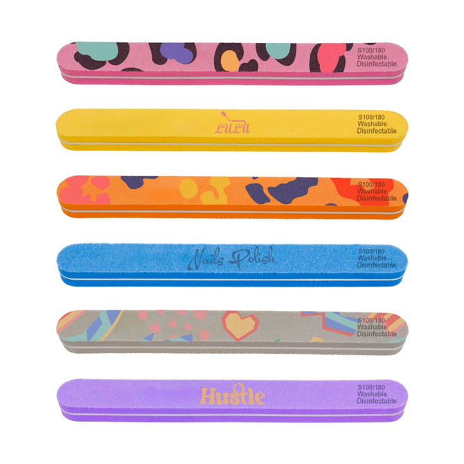 A set of six sponge straight shape nail files in various vibrant colours and patterns, featuring branding on some files.