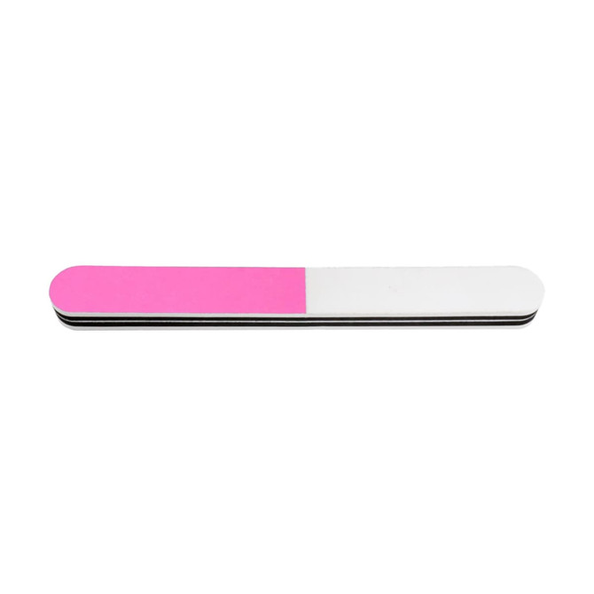 A pack of 10 triple-sided nail files in pink and white, featuring a smooth design and a branding logo.