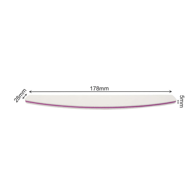 A half moon shape nail file in white and purple, measuring 178mm in length and 28mm in width.