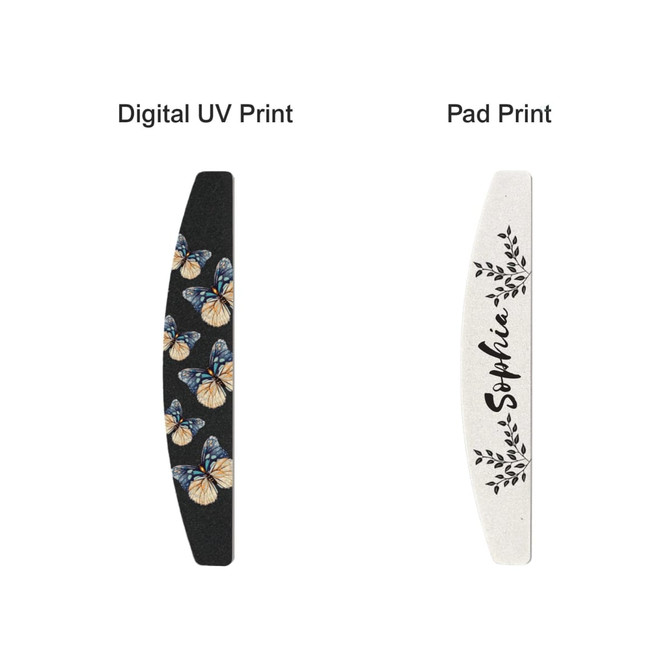A half-moon shaped nail file featuring a black design with butterfly prints and a white design with floral accents, both with branding.