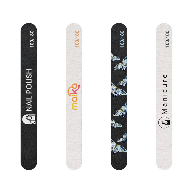 A set of four nail files in various designs, including a butterfly pattern, with black and white surfaces and branding.