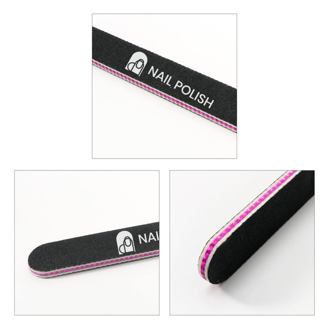 A black nail file with a pink edge, featuring a logo and a textured surface for filing nails.