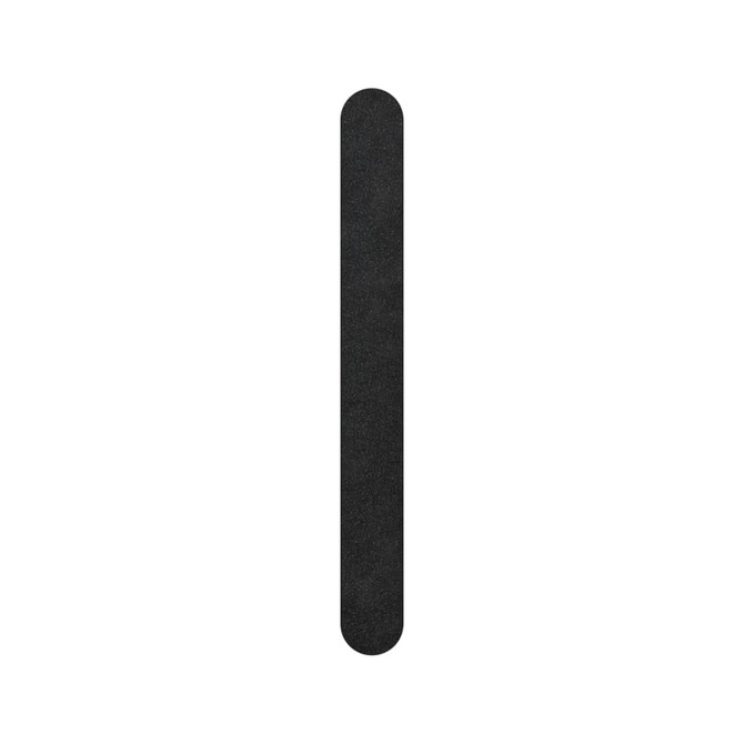 A black professional straight shape nail file with rounded ends and a textured surface. It features a branding logo.