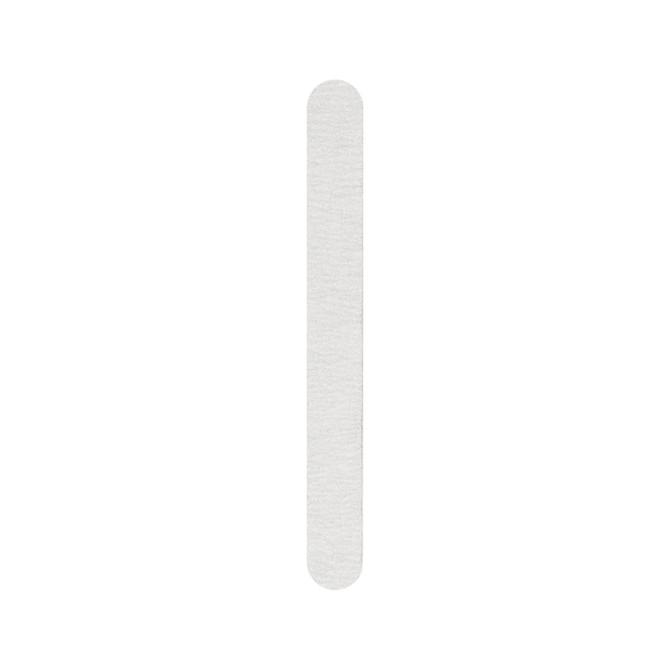 A professional straight shape nail file in white, featuring a smooth, long design and a logo.