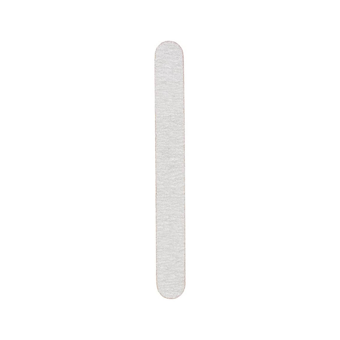 A straight shape nail file in a light grey colour, featuring a textured surface and a smooth edge.