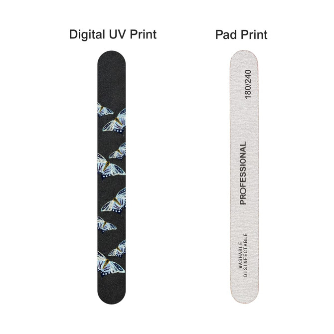 A straight shape nail file featuring a butterfly design on one side and a professional finish on the other, in black and white.