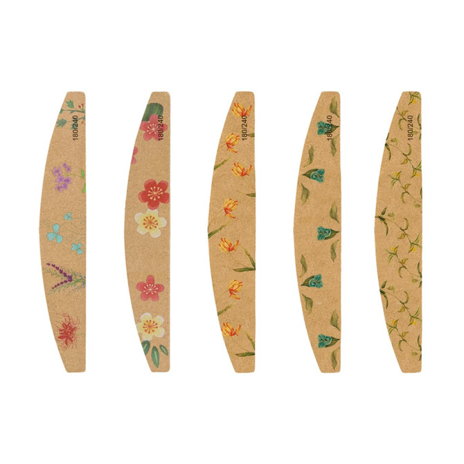 A set of five bamboo nail files featuring various floral designs and earthy tones. Each file has a unique pattern.