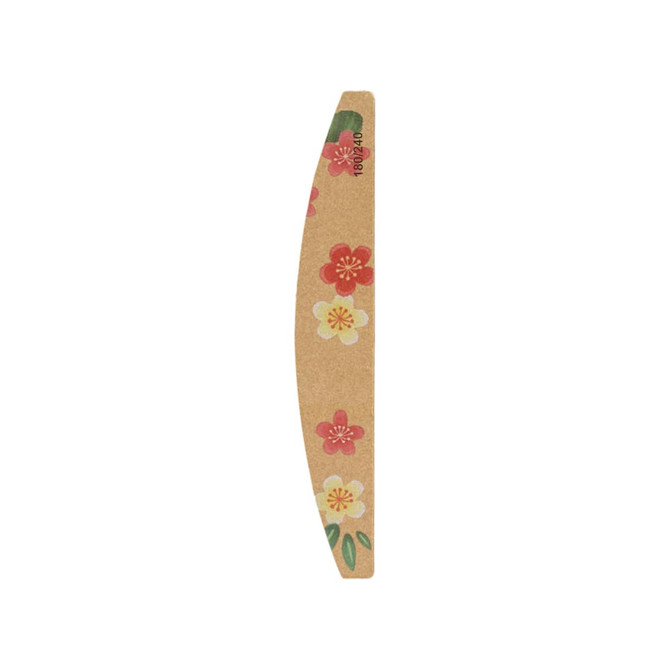 A bamboo nail file featuring a floral design with red and pink flowers on a natural brown background.