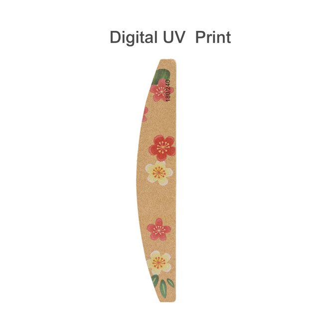 A bamboo nail file featuring a floral design with red and white flowers on a natural background. It includes a logo.