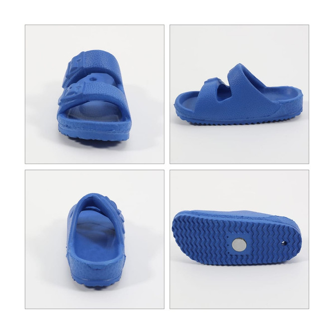 A pair of blue slides displayed from multiple angles, featuring a textured sole and strap design.