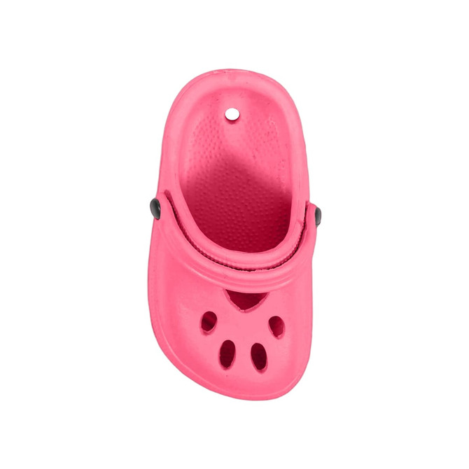 A pink paw-shaped clog shoe fridge magnet features ventilation holes and a strap, complete with a logo.