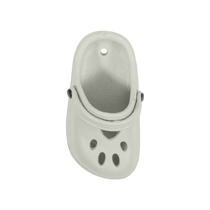 A grey paw-shaped clog shoe fridge magnet with ventilation holes and a black button detail.