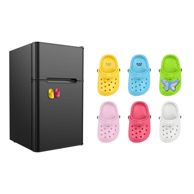 A fridge with classic clog shoe fridge magnets in yellow, pink, blue, green, and white.
