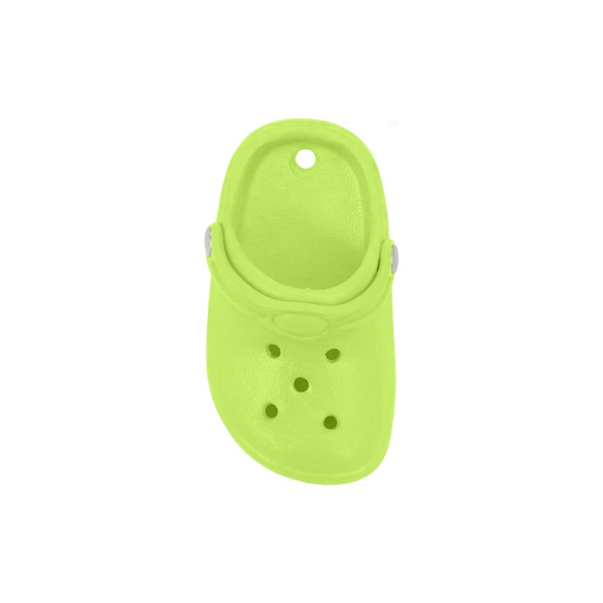 A bright lime green clog shoe fridge magnet with ventilation holes and a strap. It has a smooth surface and a logo.