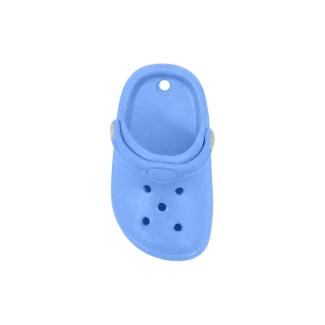 A blue clog shoe fridge magnet with drainage holes and a strap, featuring a branding logo.