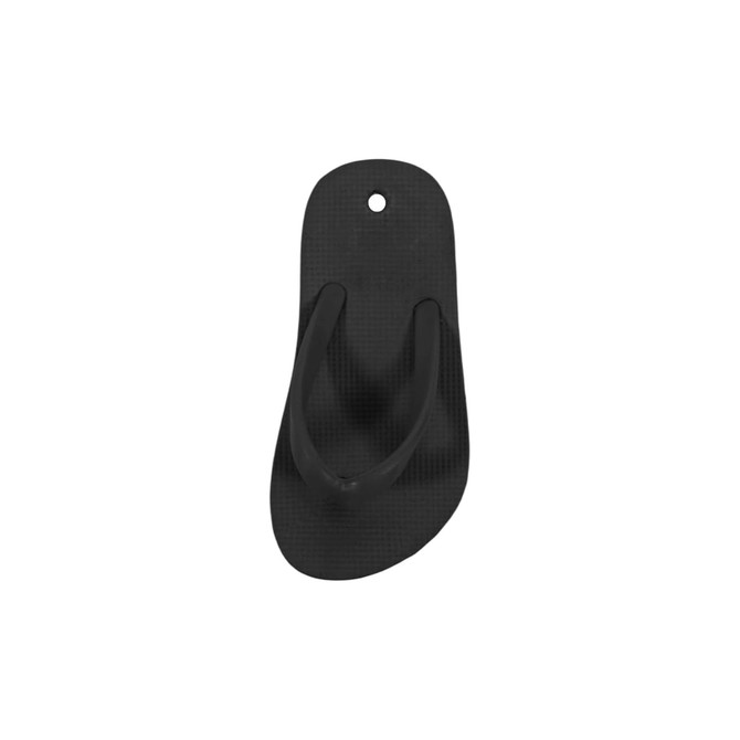 A black thong-shaped fridge magnet with a textured surface and a hole for hanging.