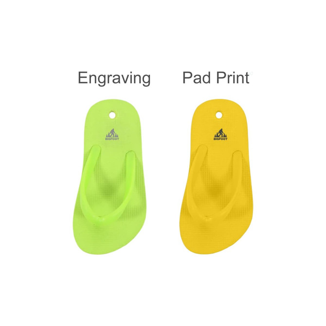 A pair of flip-flop shoe charms in bright green and yellow, featuring a logo on the surface.