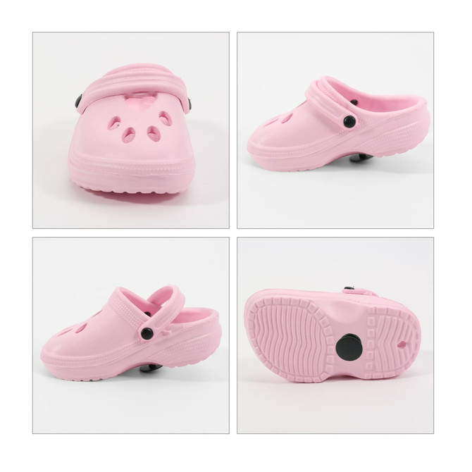 Four pink clog shoe-shaped charms displayed from different angles, featuring ventilation holes and a strap.