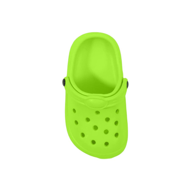 A bright green clog shoe charm featuring ventilation holes and a strap across the top.