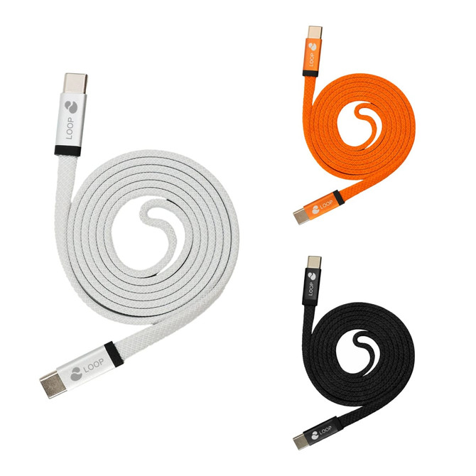 Three magnetic flat braided charging cables in black, white, and orange, each with a logo on the connector.
