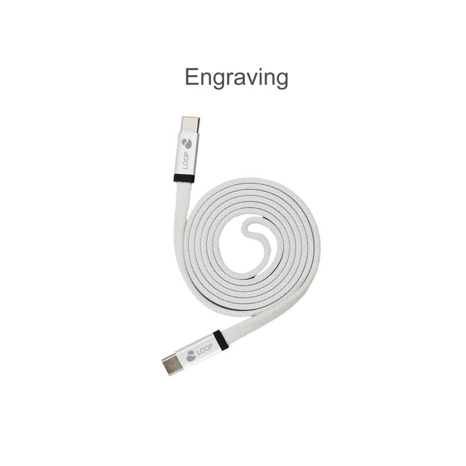 A flat braided charging cable in white, featuring a logo on one end and connecting ports on both ends.