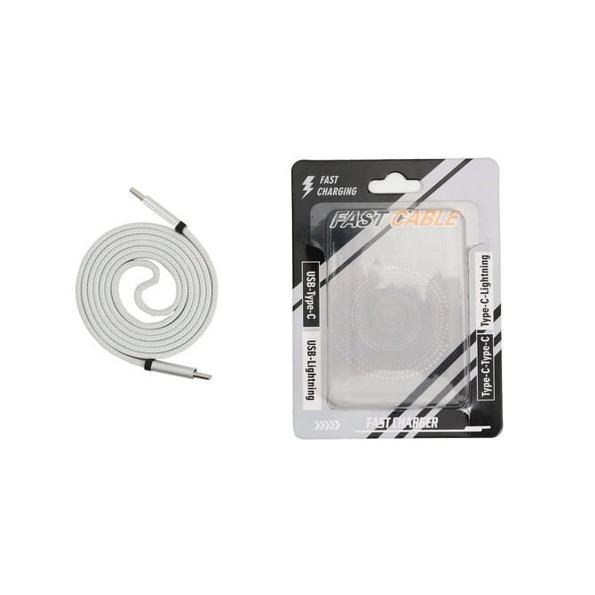 A silver braided charging cable in a packaged box, designed for USB-C and Lightning connections.