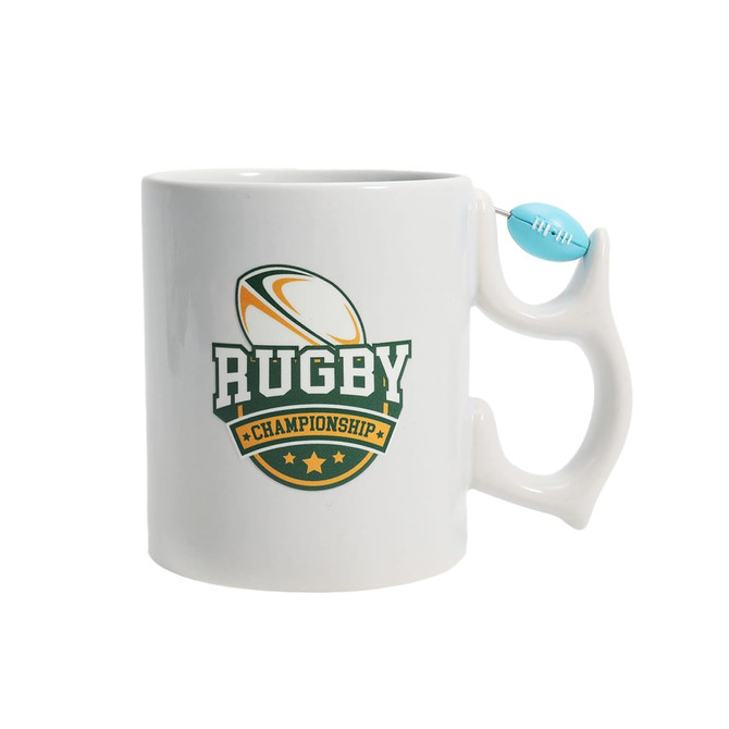 A white ceramic mug with a rugby-themed logo and a blue custom spinner toy attached to the handle.