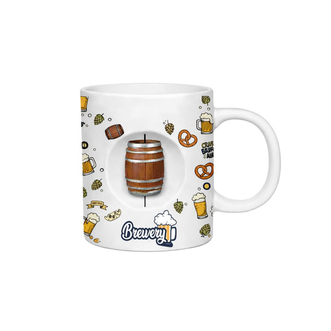 A ceramic coffee mug featuring a barrel design, pale colours, and a brewery-themed pattern. It includes a logo.