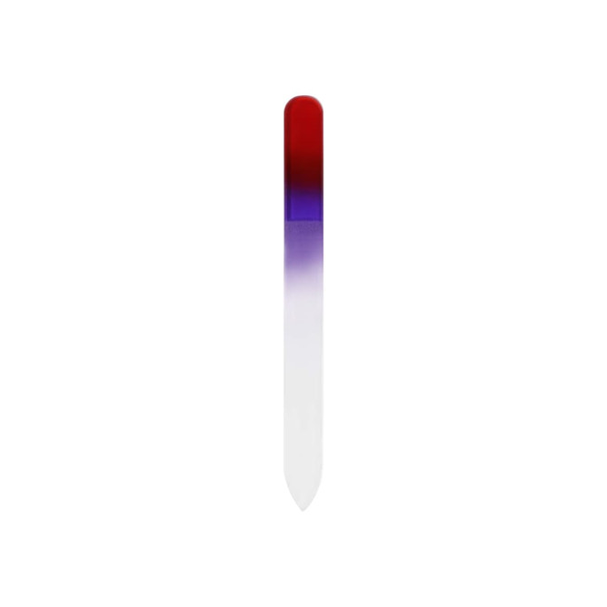 A gradient coloured glass nail file featuring a red to purple fade, with a clear tip and a logo on the handle.