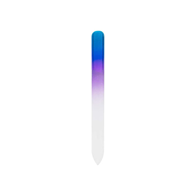 A gradient coloured glass nail file featuring blue, purple, and white tones, with a smooth, pointed design and a logo.